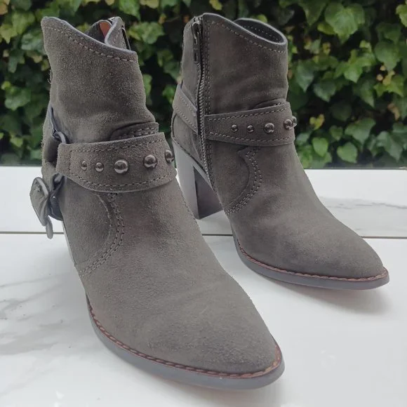Coach Suede 3.5" Block Heel Harness Bootie In Grey Women's Size 7.5 - Picture 2 of 10